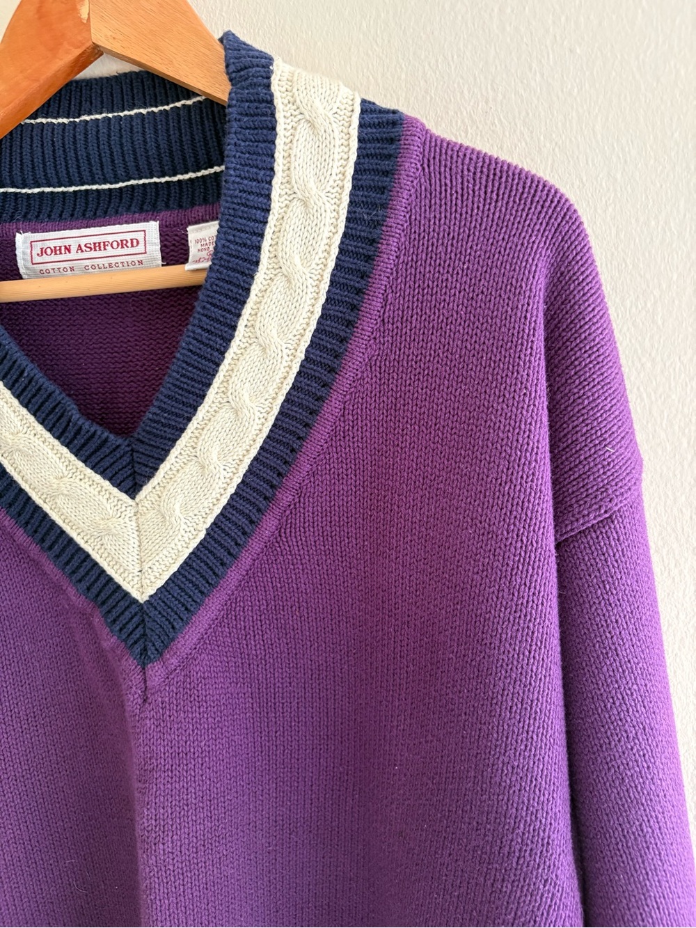 Vintage John Ashford Purple V-Neck Sweater with Navy and Cream Trim